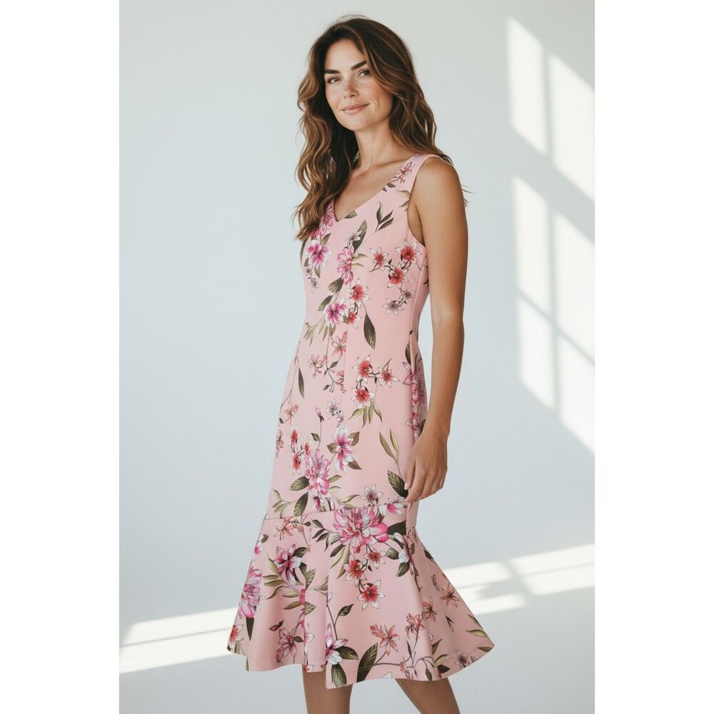 VENUS Pink Floral Midi Dress Large Ruffle Hem Sleeveless Travel Summer Guest
